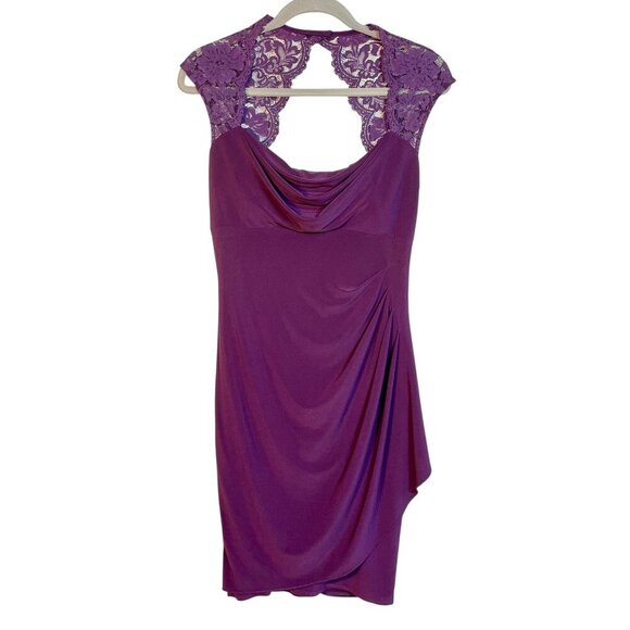 XSCAPE by Joanna Chen Lace Satin Draped Dress Plum Purple Formal Ruched Size 8 - Picture 11 of 16